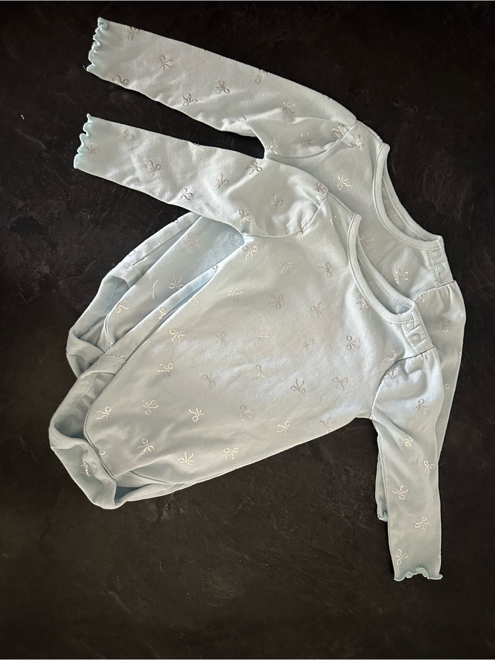 Matching 12M & 18M Soft Light Blue Baby Onesies with Silver Bow Bundle
